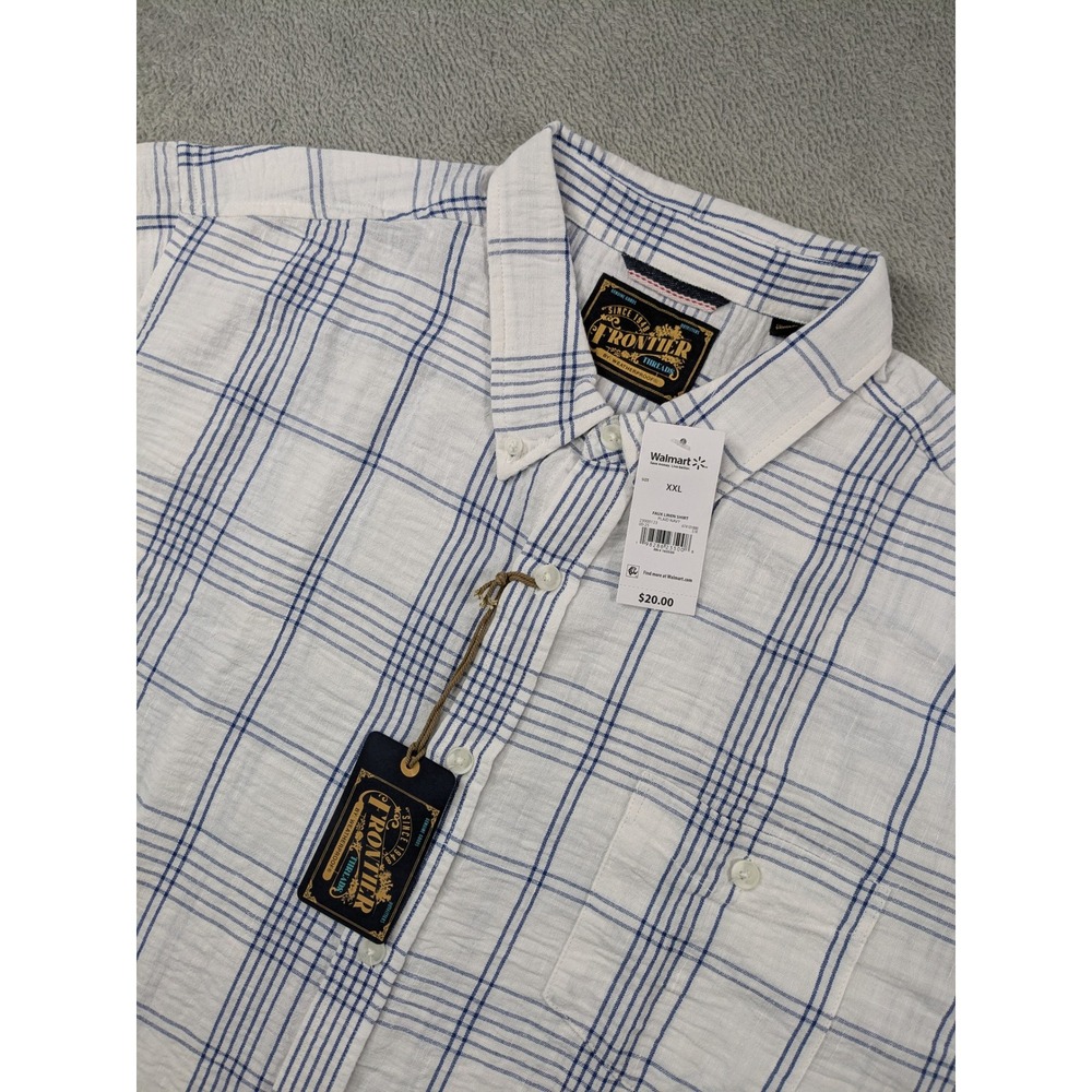 Frontier Threads Mens Plaid Faux Linen Shirt XXL Blue White SS Button Up